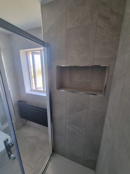 modern bathroom alcove in shower area Bathrooms Kitchens and Gardens Shower alcove design Manhattan tray tiles B&Q